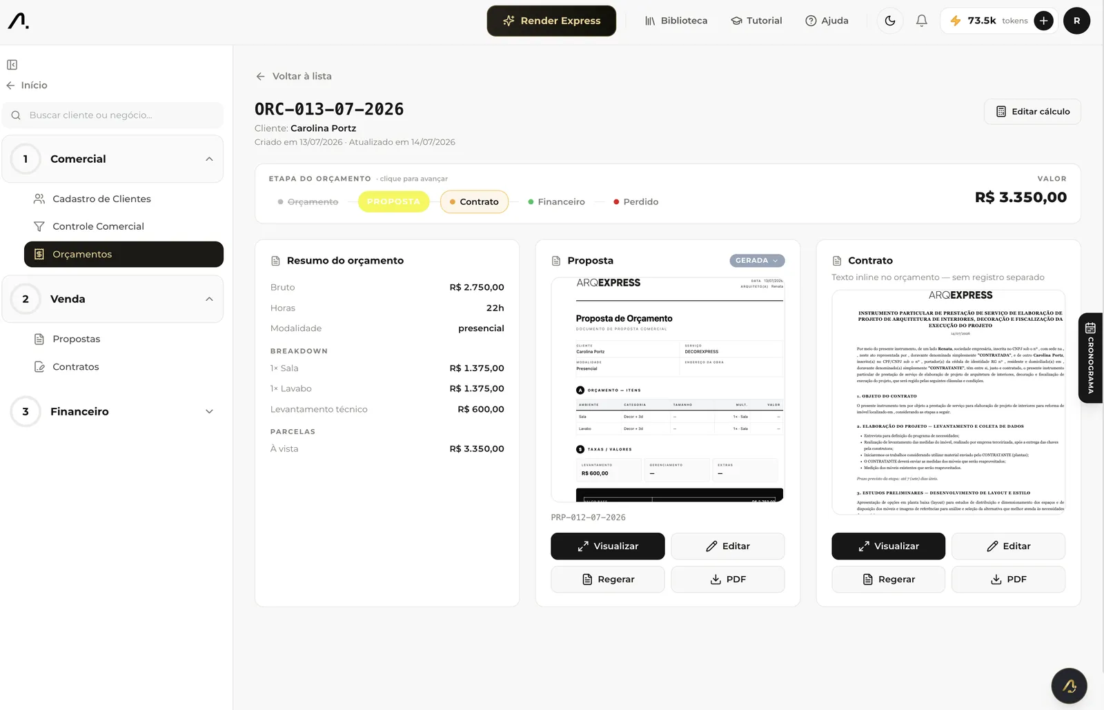 Tela real da ANA: orçamento com proposta gerada e contrato, com etapas comerciais