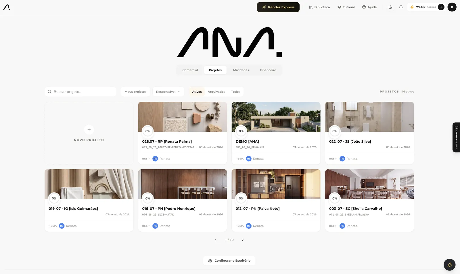 Tela real da ANA: todos os projetos do escritório, com responsáveis e andamento