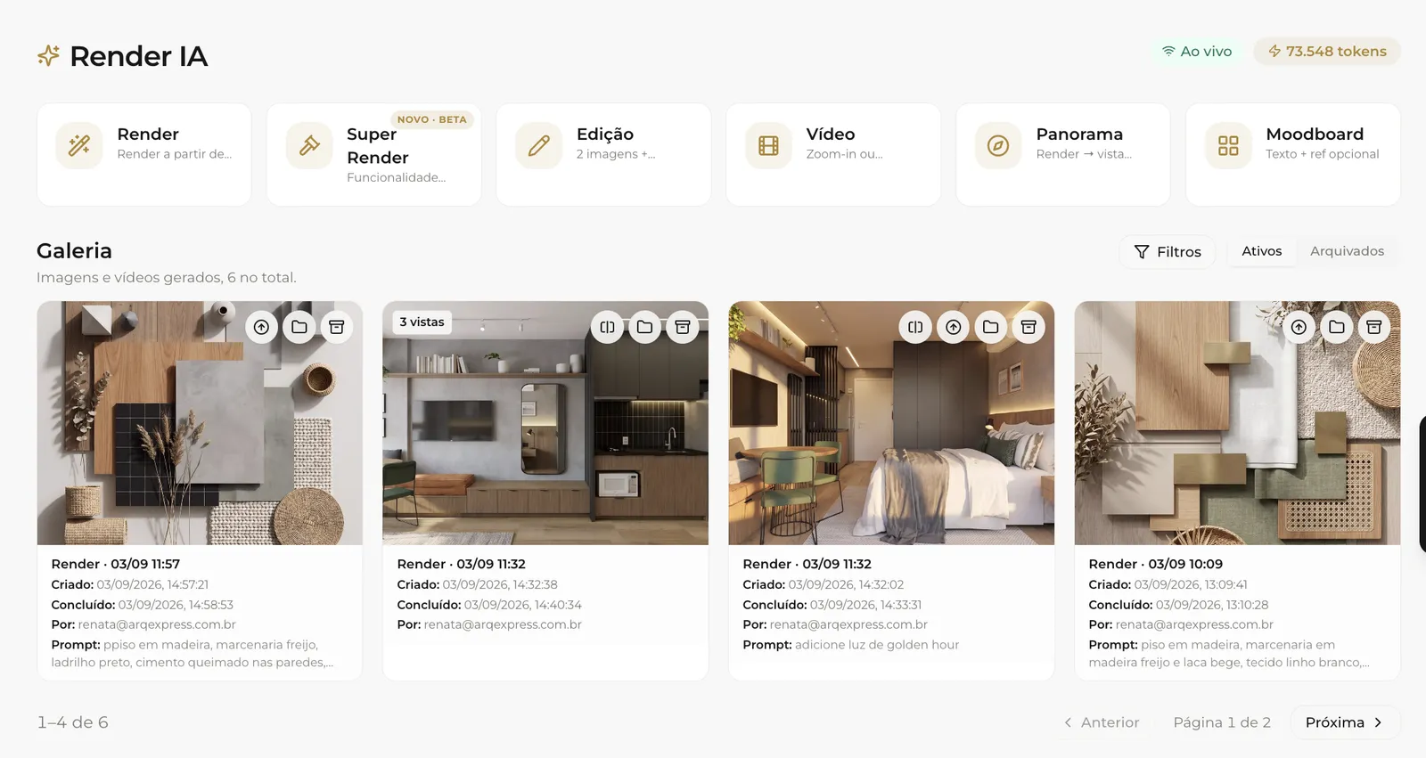 Tela real da central de Render IA da ANA: Render, Super Render, Edição, Vídeo, Panorama e Moodboard, com a galeria de imagens geradas