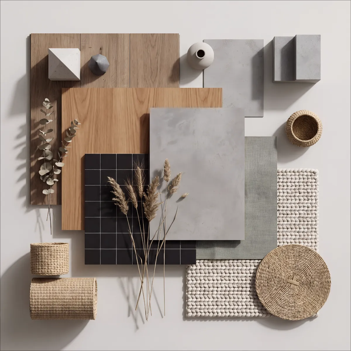 Moodboard real gerado na ANA: madeiras, mármore, tricô e fibras naturais